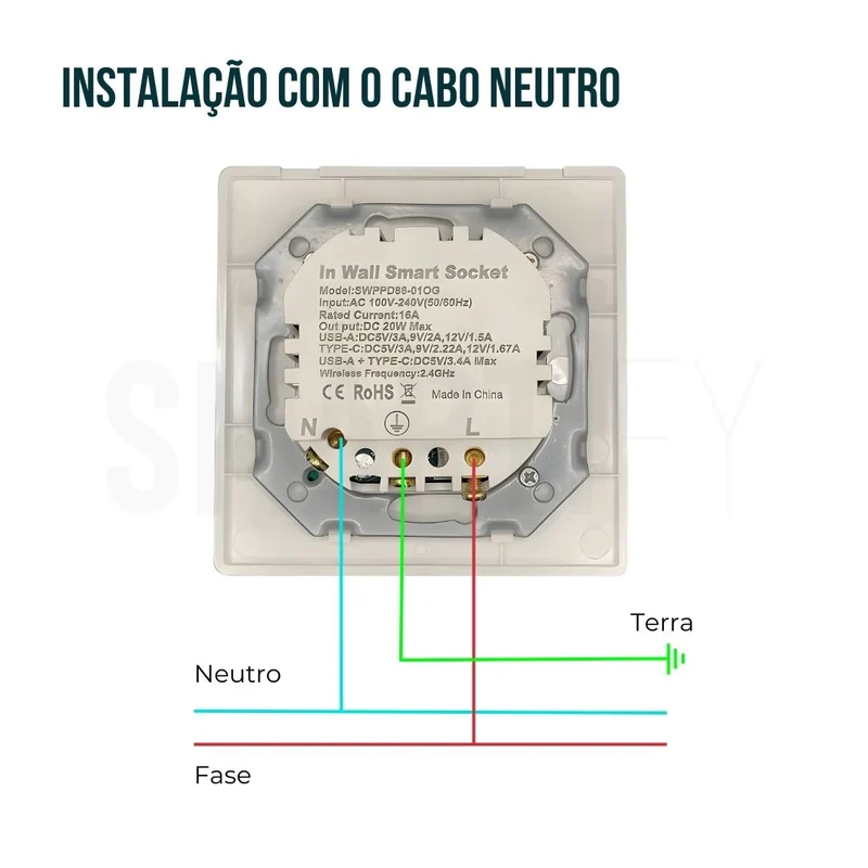 Tomada Inteligente Embutida 16A 3500W WiFi + USB-C e USB-A Smartify - Branco