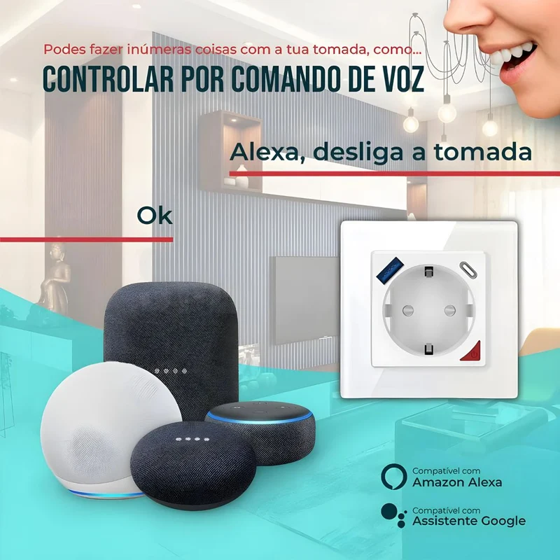 Tomada Inteligente Embutida 16A 3500W WiFi + USB-C e USB-A Smartify - Branco