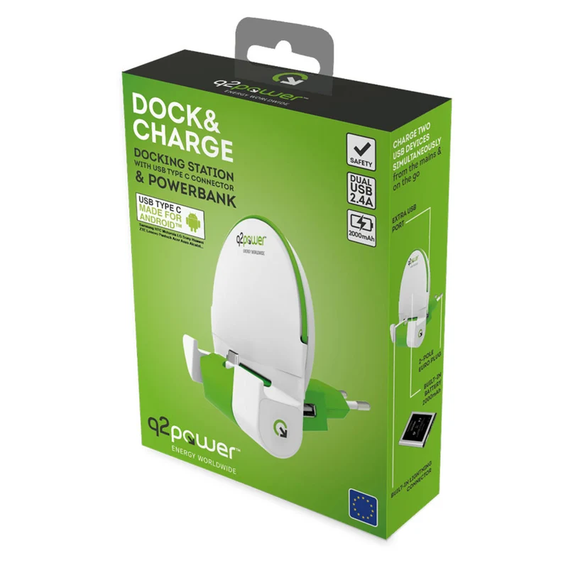 Q2Power Dock and Charge 2000 mAh powerbank og vægoplader med USB-C stik