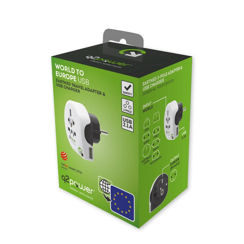 Q2Power World to Europe USB rejseadapter