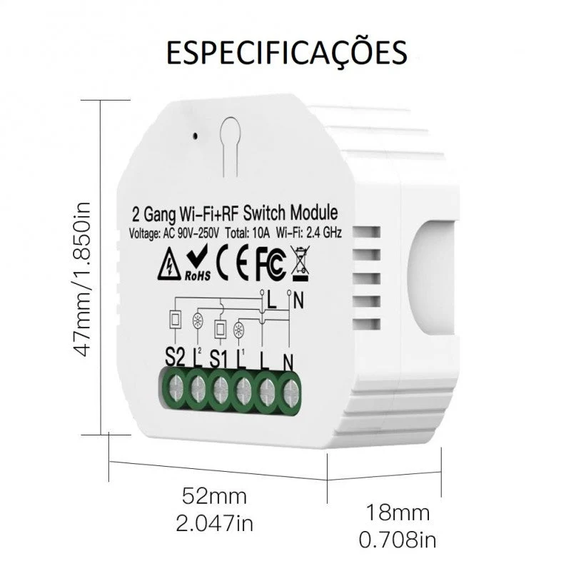 Moes Módulo Interruptor de 2 Canais - Smart WiFi + RF433