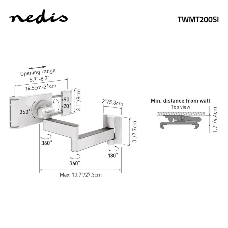Tablethouder 7 - 12" - Draai- en Kantelbaar - Toepassing: Wall