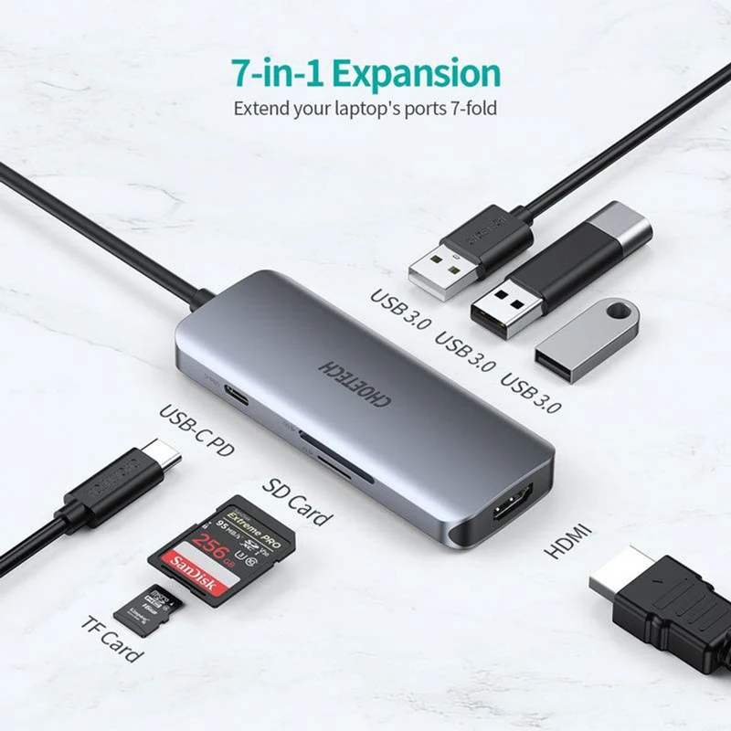 Choetech 7-i-1 4K HDMI, USB 3.0, 100W PD USB-C Hub, Grå
