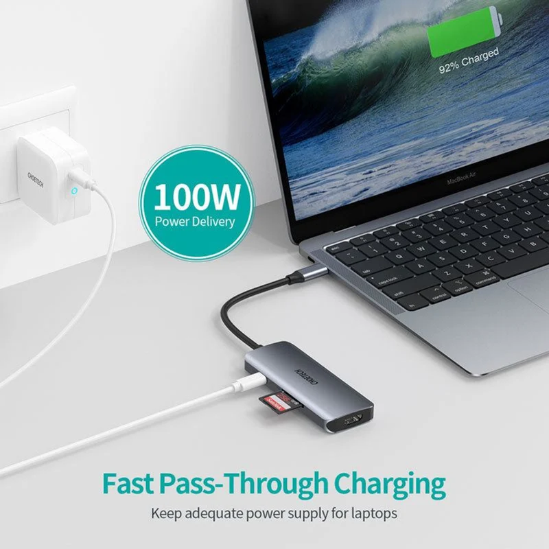 Choetech 7-i-1 4K HDMI, USB 3.0, 100W PD USB-C Hub, Grå