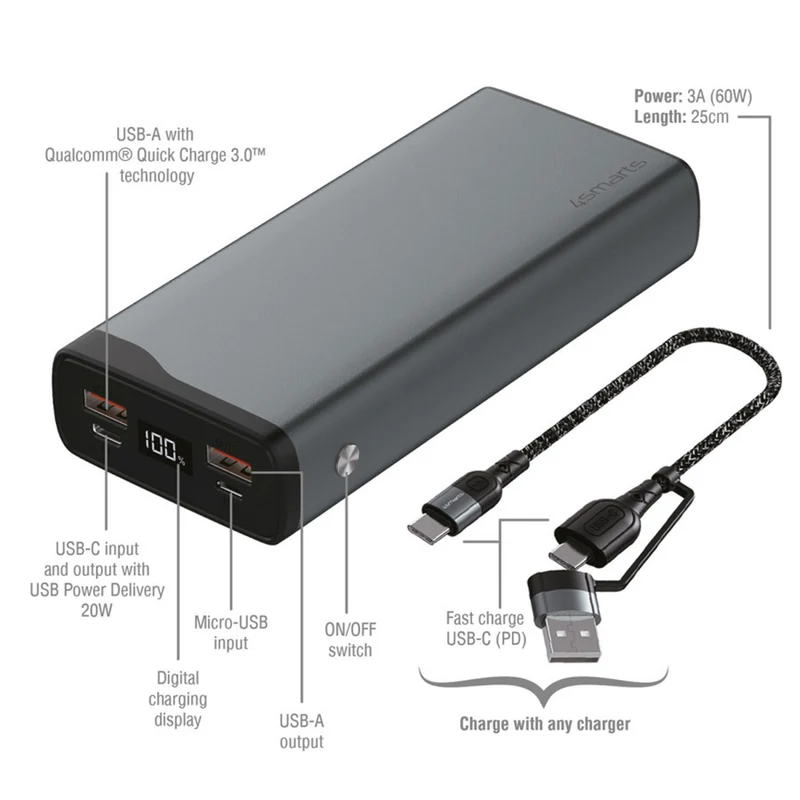 4Smarts VoltHub Pro 20.000 mAh powerbank, 22.5W USB-C PD og QC 3.0, Gunmetal
