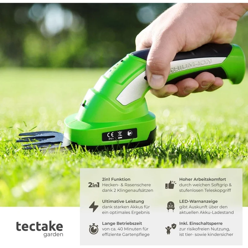 Tectake Cordless Hedge Trimmer & Grass Shears 7.2V, Green