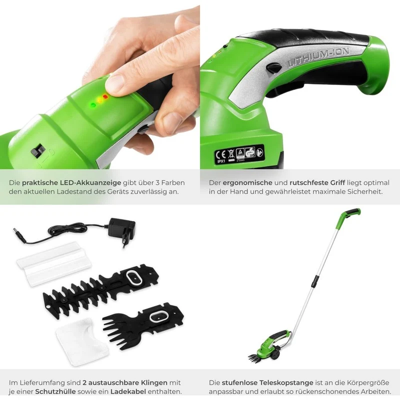 Tectake Cordless Hedge Trimmer & Grass Shears 7.2V, Green