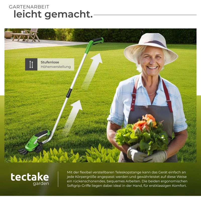 Tectake Cordless Hedge Trimmer & Grass Shears 7.2V, Green
