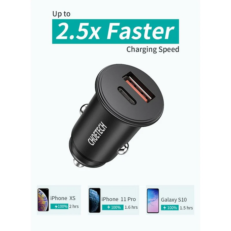 Choetech 30W USB-C PD+ USB-A QC Car Charger, Sort