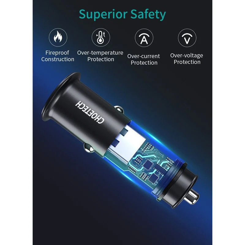 Choetech 30W USB-C PD+ USB-A QC Car Charger, Sort