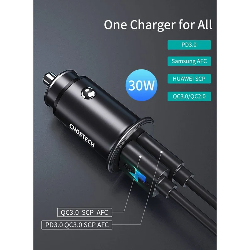 Choetech 30W USB-C PD+ USB-A QC Car Charger, Sort