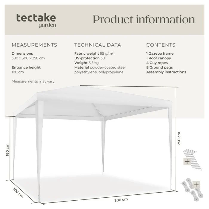 Tectake Gazebo Farah, White, 3 x 3 m
