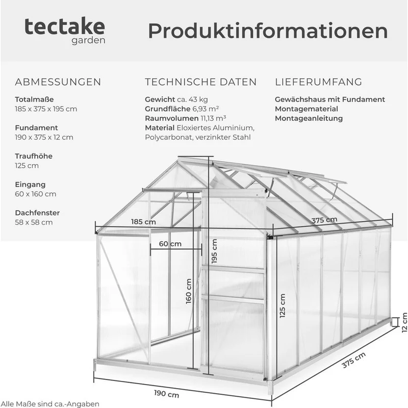 Tectake Aluminium Greenhouse With Foundation 375 x 185 x 195 cm