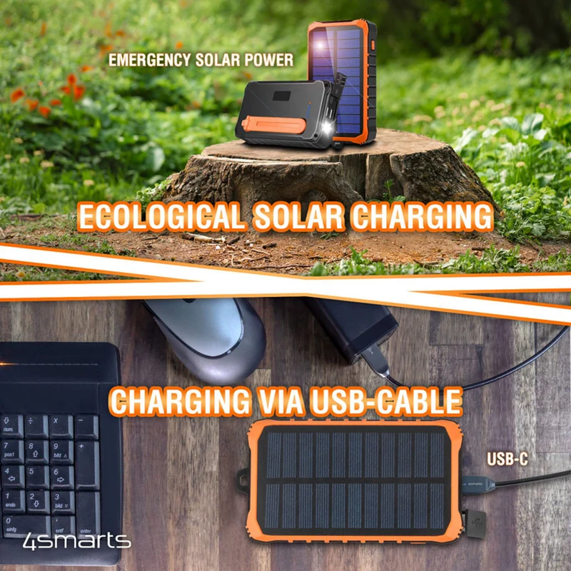 4Smarts Prepper 12.000 mAh solcelle powerbank med håndsving, Sort