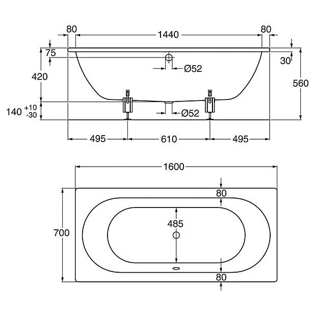 Gustavsberg Duo 1220 Built-in Bathtub, 1600x700 mm