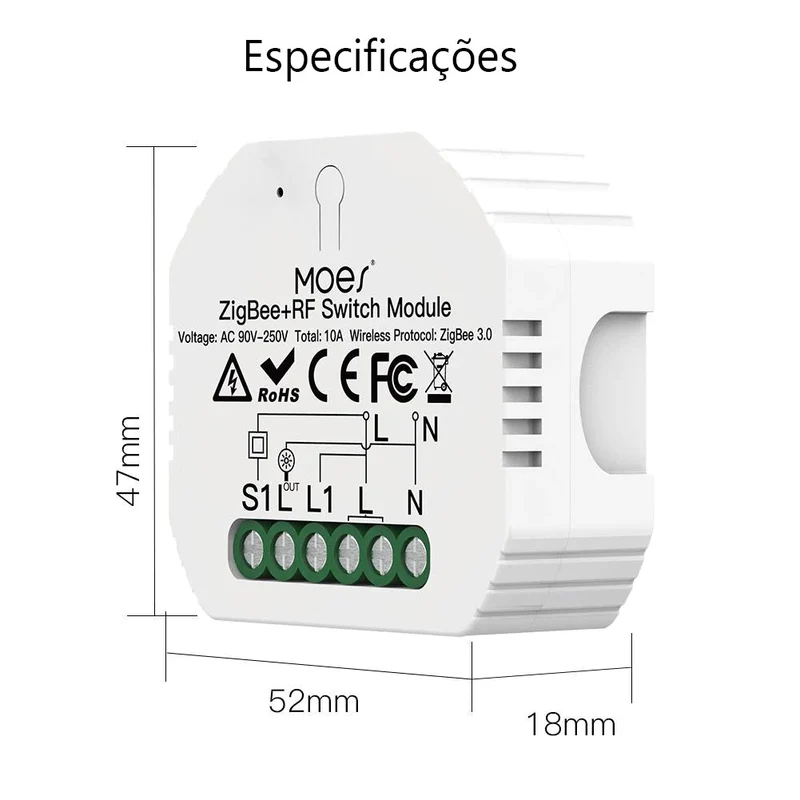 Moes Módulo Interruptor de Luz Inteligente 1 canal - Smart Zigbee + RF433