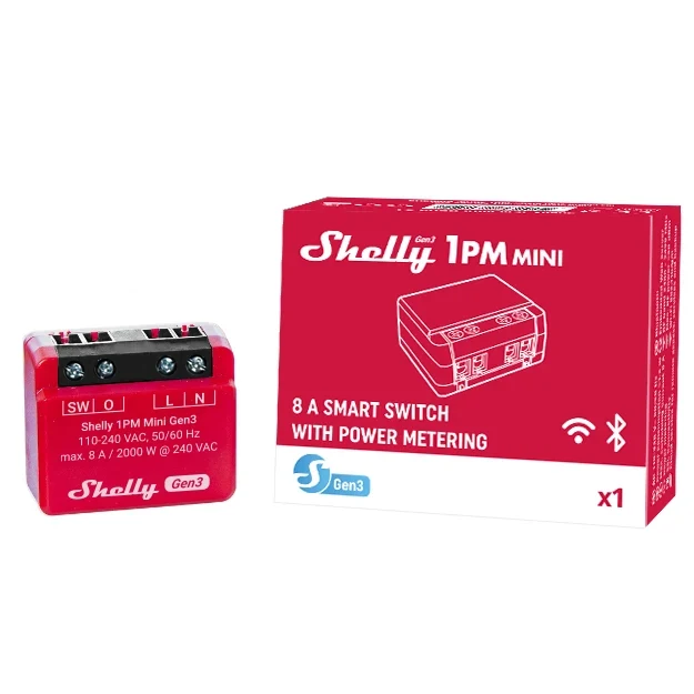 Shelly 1PM Mini Gen3 - Módulo para Interruptor de 1 botão com Monitorização de Energia WiFi/BT