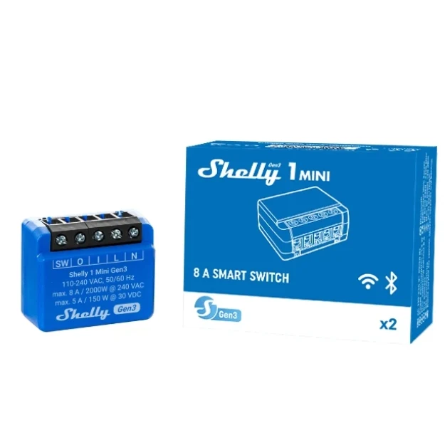 Shelly 1 Mini Gen3 - Módulo para Interruptor 1 botão ou Portão de Garagem 8A WiFi/BT