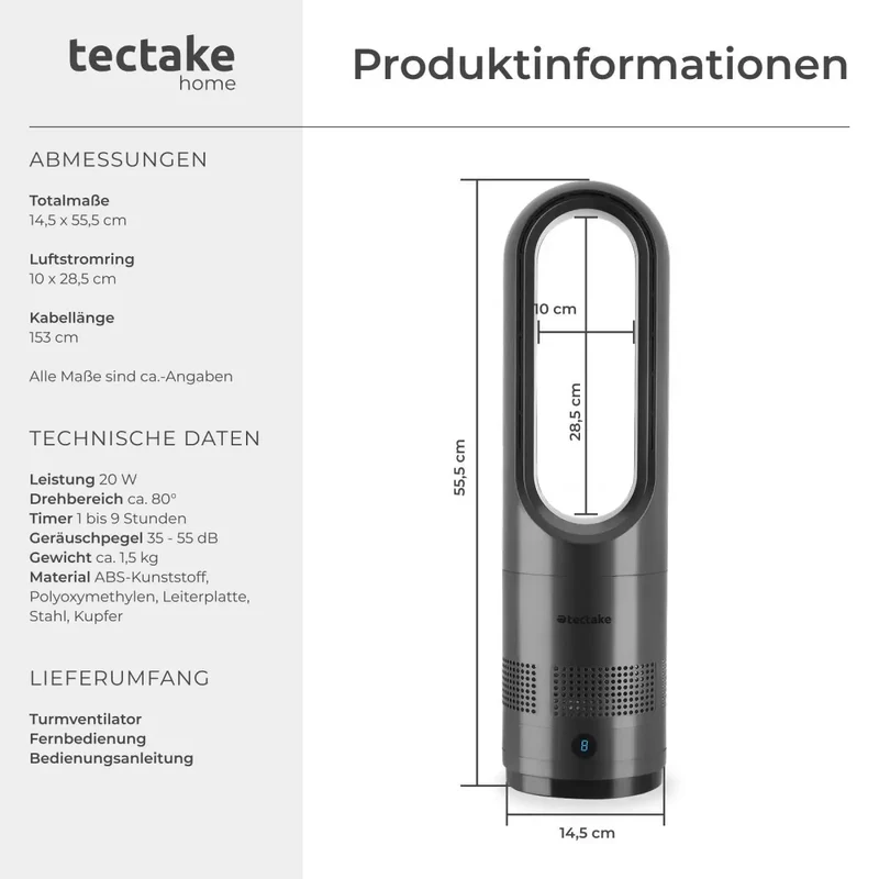 Tectake Polar Tower Fan with 80° Oscillation, White