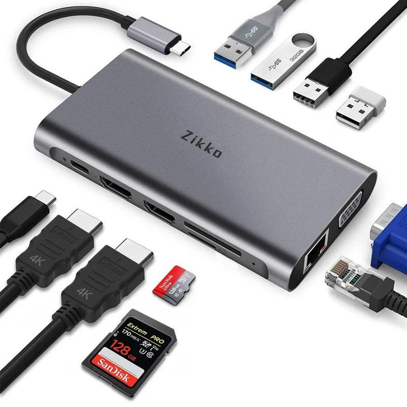 Zikko USB-C 11-i1 Hub med HDMI 4xUSB VGA SD kort og ethernet