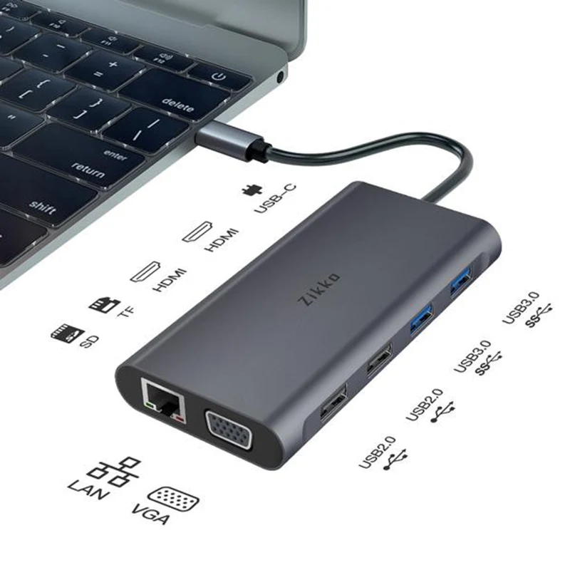 Zikko USB-C 11-i1 Hub med HDMI 4xUSB VGA SD kort og ethernet