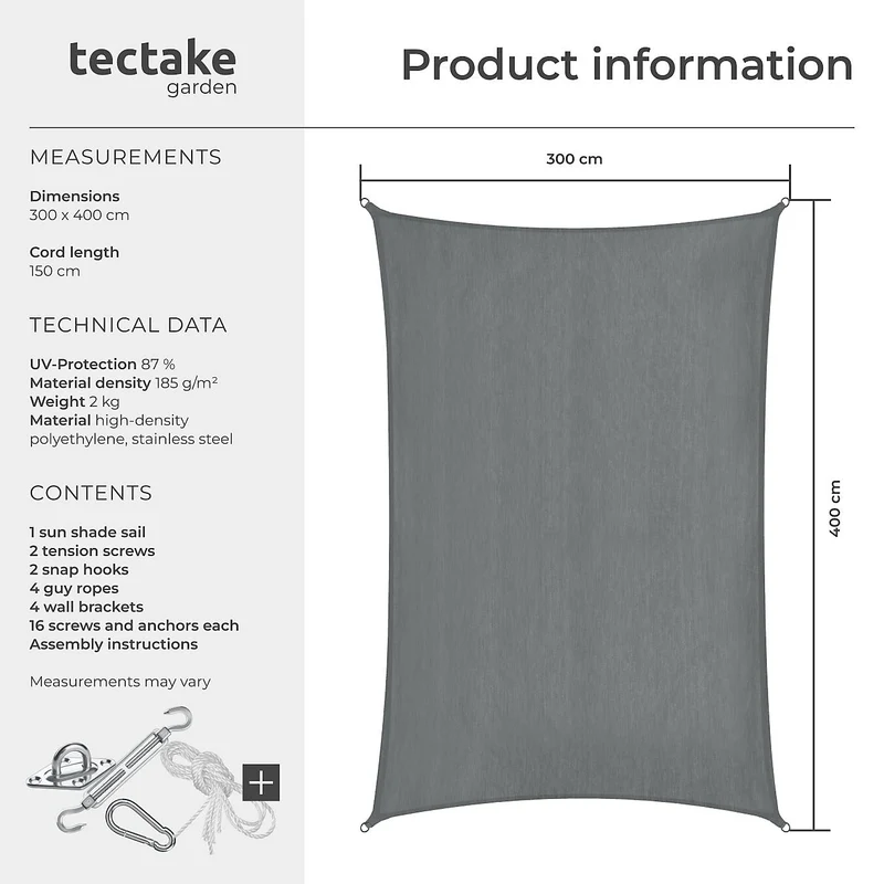 Sun Sail Sonny, UV Protected, Water-Resistant and Anti-Tear 3x4m, Grey