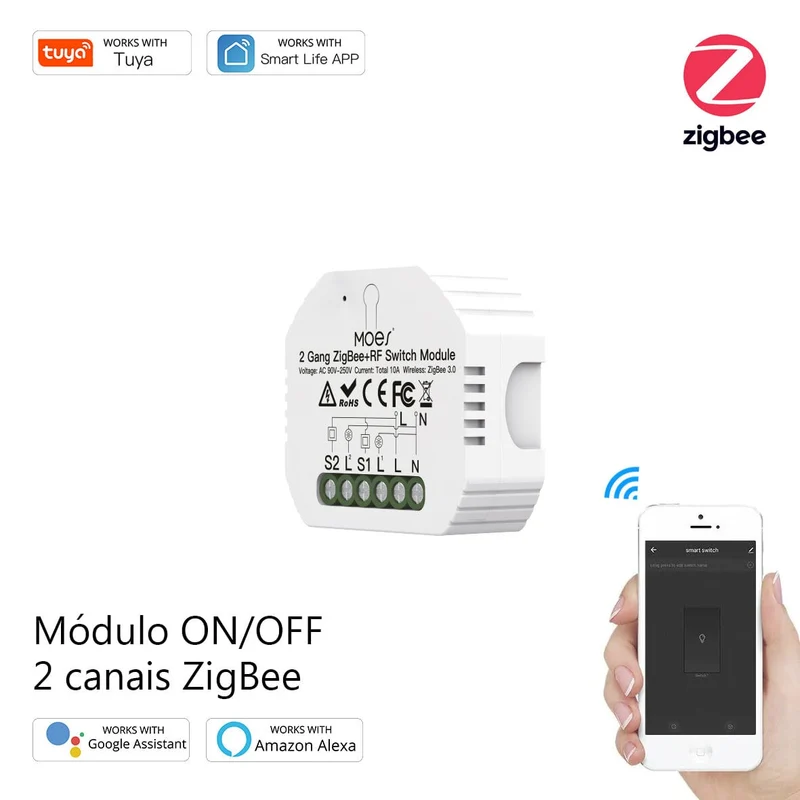 Moes Módulo Interruptor de Luz Inteligente 2 canais - Smart Zigbee + RF433
