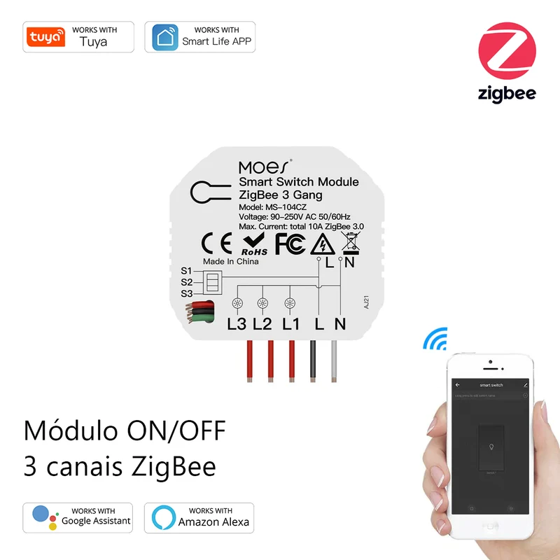 Moes Módulo nterruptor de Luz Inteligente 3 Canais- Smart Zigbee + RF433