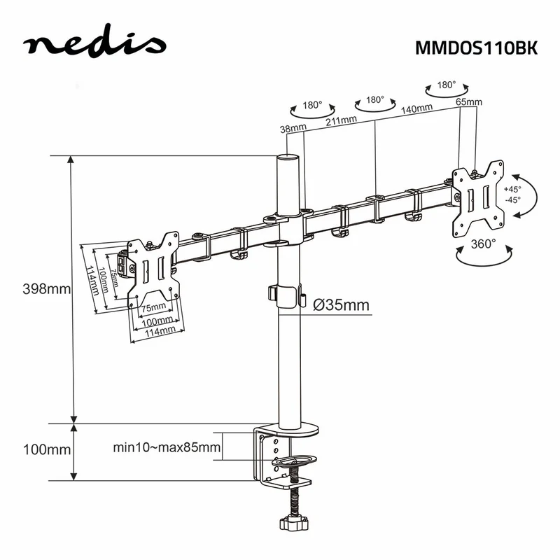 Monitorbeugel voor Bureaus 2 Schermen - 15 - 32" - 75x75 / 100x100
