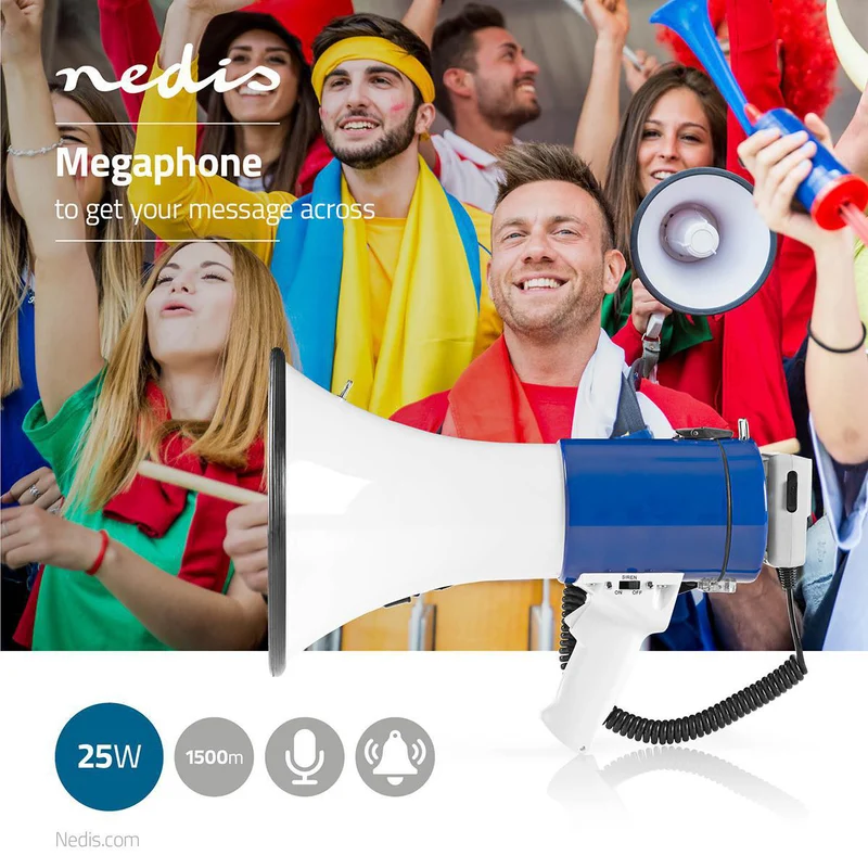 Megafoon Bereik open veld tot: 1500m - Maximale volume: 120 dB - Afneembare Microfoon
