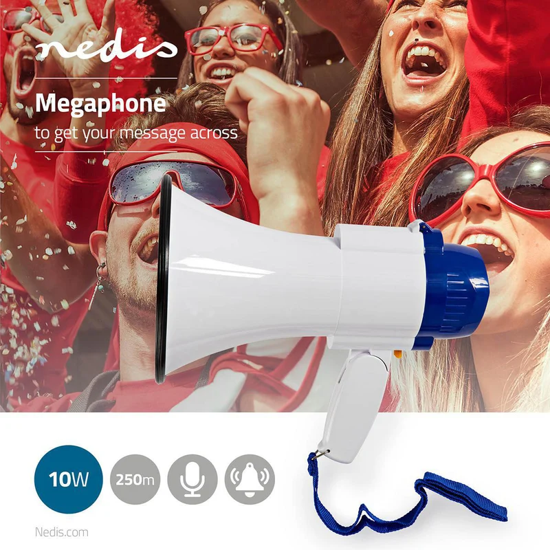 Megafoon Bereik open veld tot: 250m - Maximale volume: 115 dB - Ingebouwde Microfoon