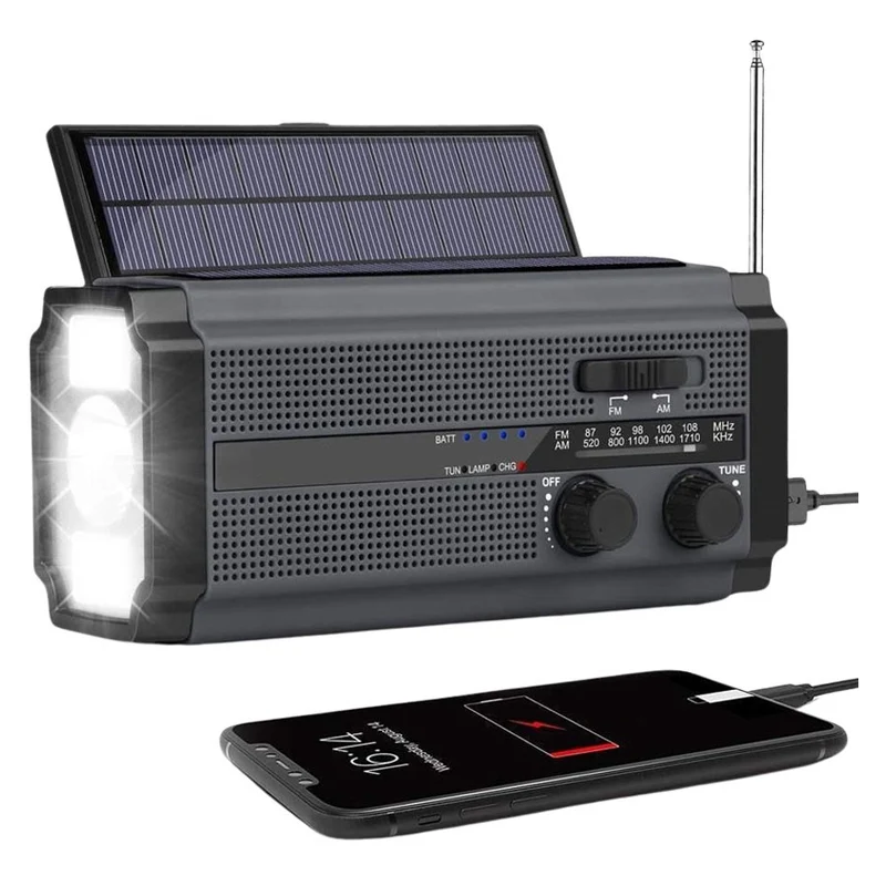 RFURBISHED Lippa FM nødradio, håndsving, solcellepanel, AAA batterier, 4.500 mAh powerbank, Sort