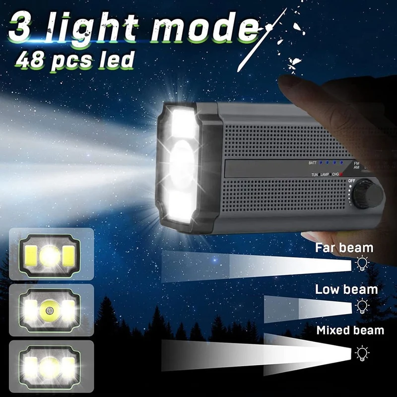 RFURBISHED Lippa FM nødradio, håndsving, solcellepanel, AAA batterier, 4.500 mAh powerbank, Sort