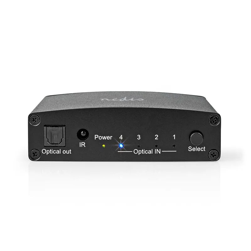 Digitale Audio-Switch 4-wegs - Ingangen audio / video / data: DC Power / 4x TosLink - Uitgangen audio / video / data: TosLink Female