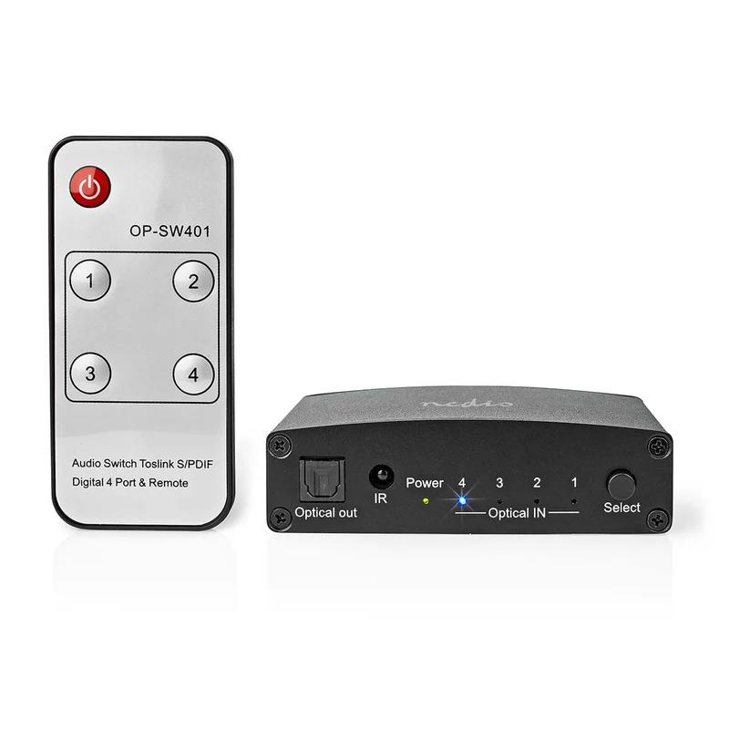 Digitale Audio-Switch 4-wegs - Ingangen audio / video / data: DC Power / 4x TosLink - Uitgangen audio / video / data: TosLink Female