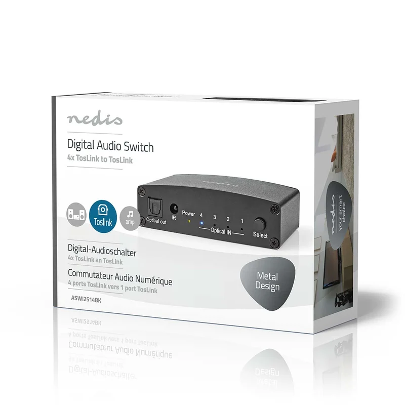 Digitale Audio-Switch 4-wegs - Ingangen audio / video / data: DC Power / 4x TosLink - Uitgangen audio / video / data: TosLink Female