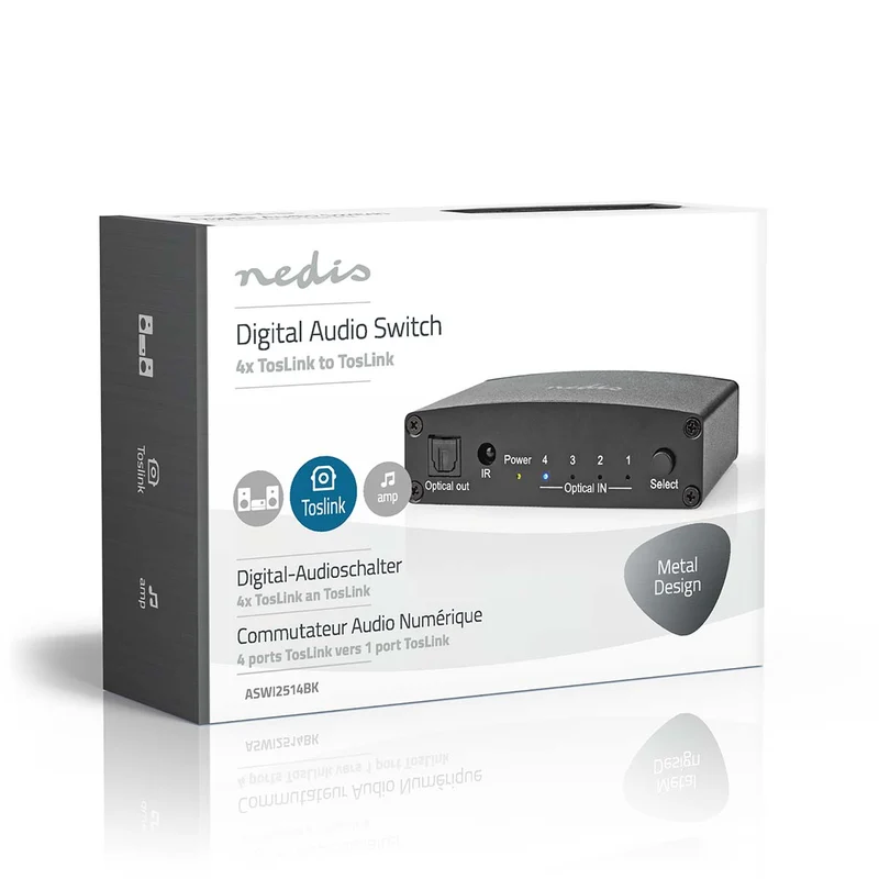 Digitale Audio-Switch 4-wegs - Ingangen audio / video / data: DC Power / 4x TosLink - Uitgangen audio / video / data: TosLink Female