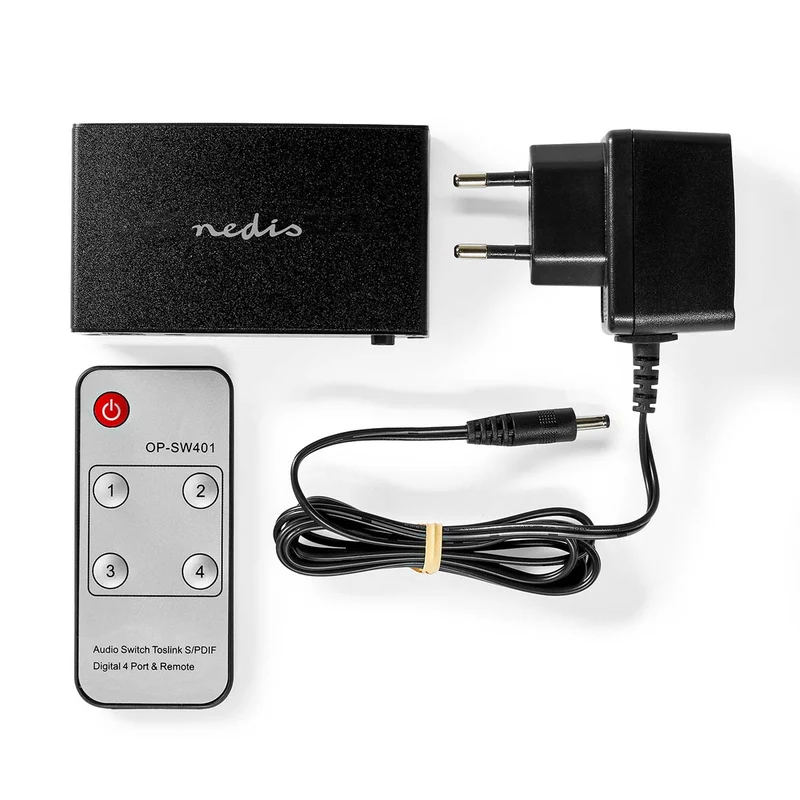 Digitale Audio-Switch 4-wegs - Ingangen audio / video / data: DC Power / 4x TosLink - Uitgangen audio / video / data: TosLink Female
