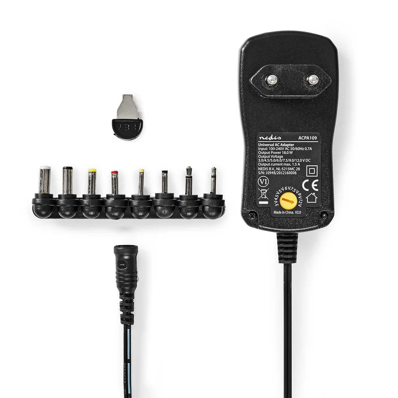 Universele AC-Stroomadapter 18W - 3 / 4.5 / 5 / 6 / 7.5 / 9 / 12 V DC - 1.10m