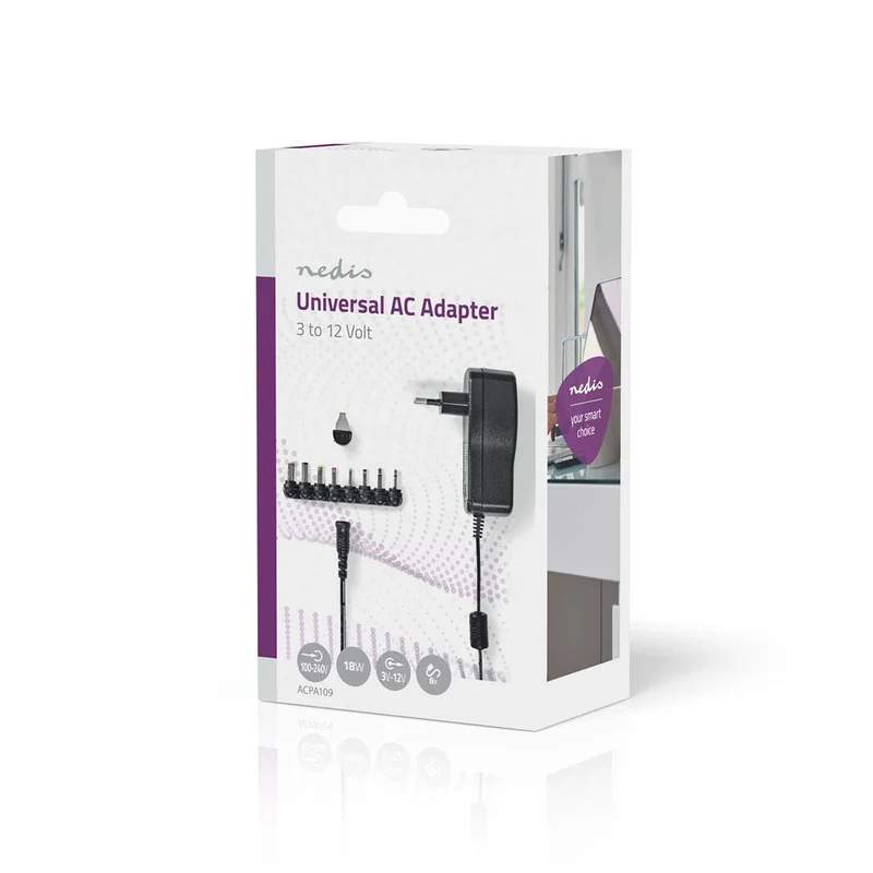 Universele AC-Stroomadapter 18W - 3 / 4.5 / 5 / 6 / 7.5 / 9 / 12 V DC - 1.10m