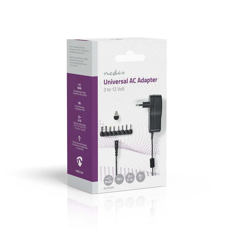 Universele AC-Stroomadapter 18W - 3 / 4.5 / 5 / 6 / 7.5 / 9 / 12 V DC - 1.10m