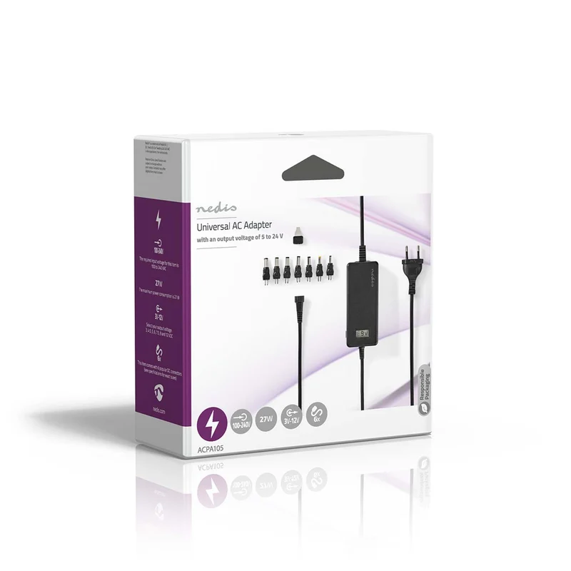 Universele AC-Stroomadapter 36W - 12 / 13 / 14 / 15 / 16 / 17 / 18 / 18.5 / 19 / 19.5 / 20 / 21 / 22 / 23 / 24 V DC - 1.80m