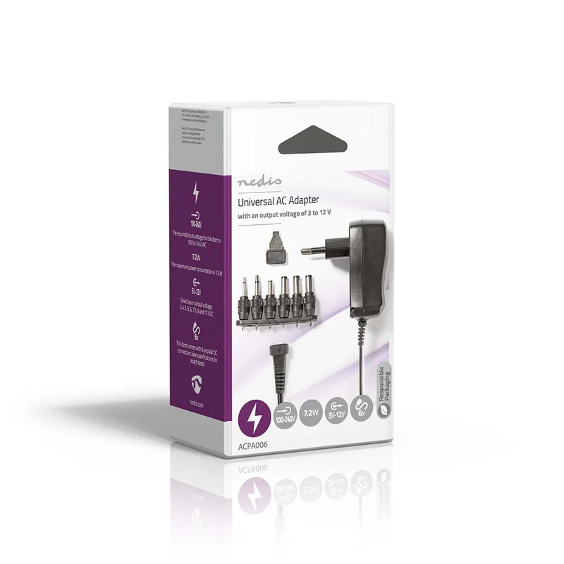 Universele AC-Stroomadapter 7.20W - 3 / 4.5 / 5 / 6 / 7.5 / 9 / 12 V DC - 1.80m