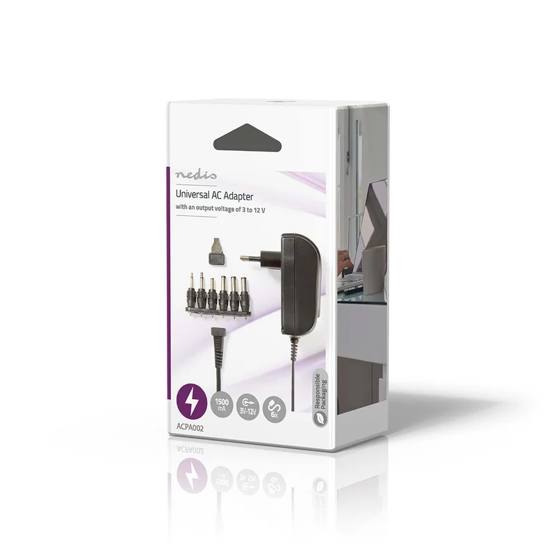 Universele AC-Stroomadapter 18W - 3 / 4.5 / 5 / 6 / 7.5 / 9 / 12 V DC - 1.80m