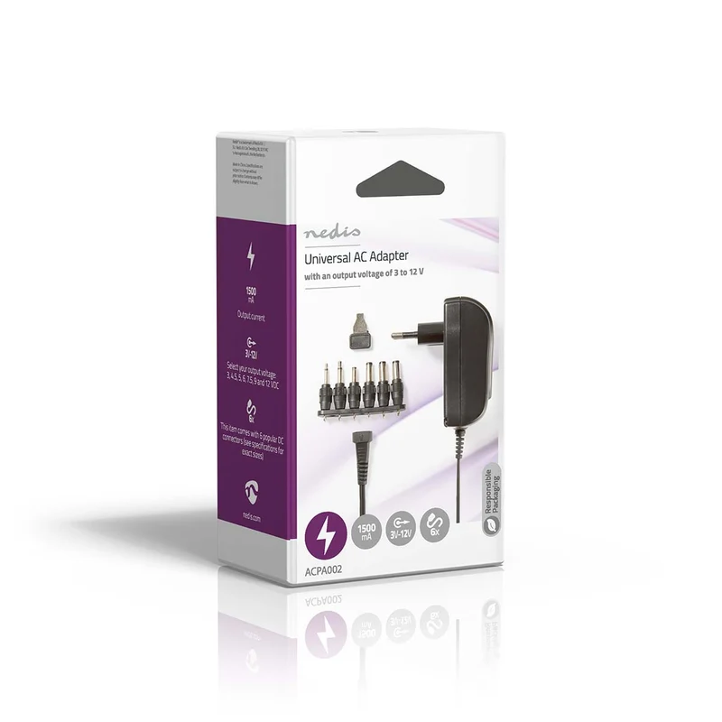 Universele AC-Stroomadapter 18W - 3 / 4.5 / 5 / 6 / 7.5 / 9 / 12 V DC - 1.80m