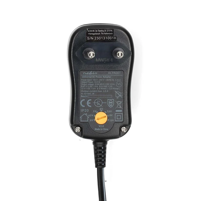 Universele AC-Stroomadapter 12W - 3 / 4.5 / 5 / 6 / 7.5 / 9 / 12 V DC - 1.80m
