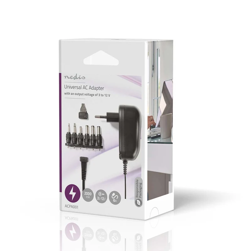 Universele AC-Stroomadapter 12W - 3 / 4.5 / 5 / 6 / 7.5 / 9 / 12 V DC - 1.80m