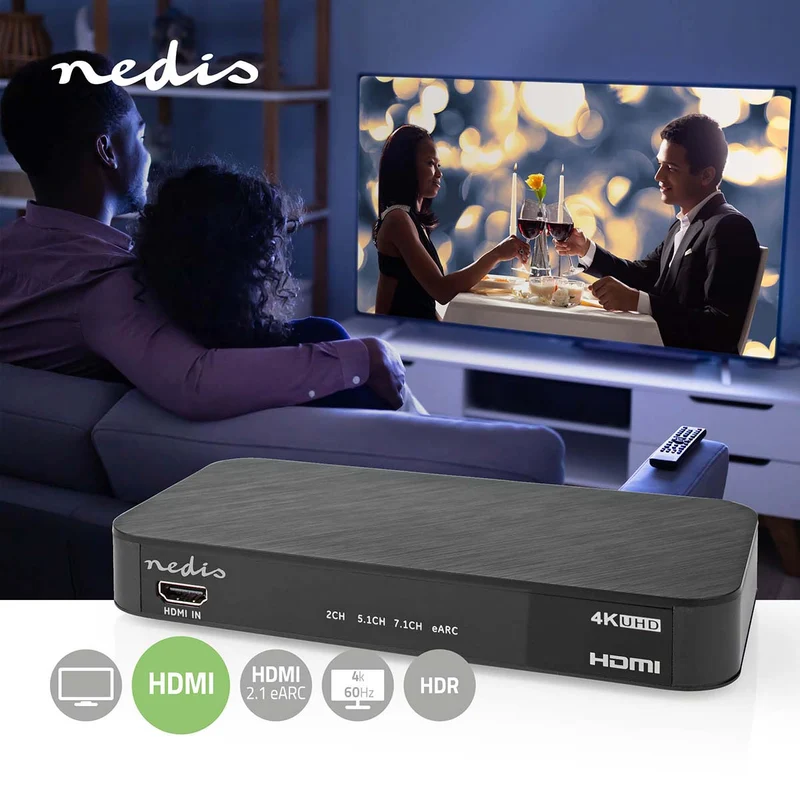 Digitale Audioconverter 2-wegs - Ingangen audio / video / data: DC Power / 1x HDMI™ Input - Uitgangen audio / video / data: 1x 3.5 mm Audio Out / 1x TosLink / 3x HDMI™ Output