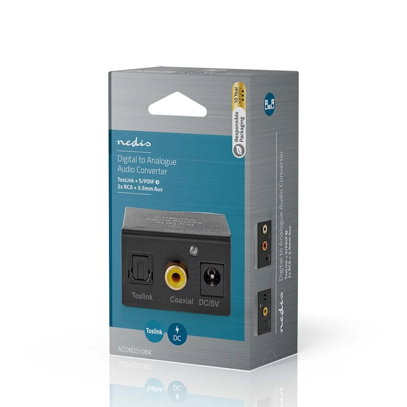 Digitale Audioconverter 1-weg - Ingangen audio / video / data: 1x Digital RCA / 1x TosLink - Uitgangen audio / video / data: 1x (2x RCA) / 1x 3.5 mm Audio Out