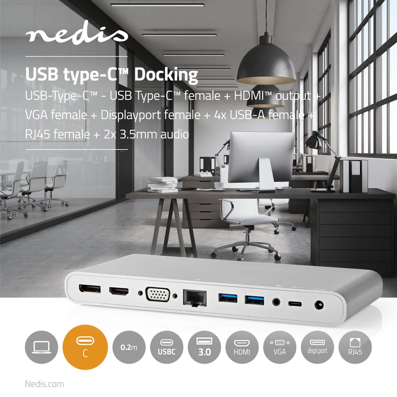USB Docking Station USB 3.2 Gen 1 - USB-C™ Male - DisplayPort Female / HDMI™ Output / RJ45 Female / VGA Female 15p / 2x 3,5 mm Female / 2x USB-C™ / 4x USB-A